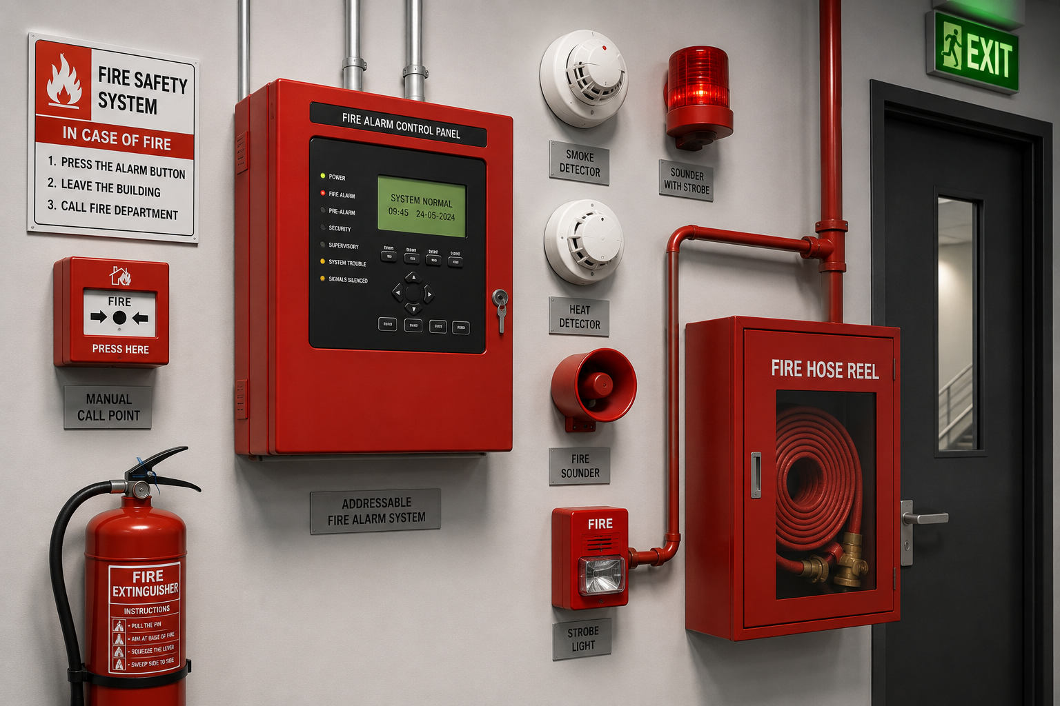 Fire alarm control panel and smoke detectors on a building wall